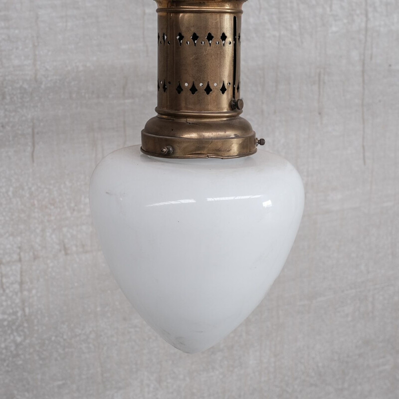 Vintage brass and opaline glass pendant lamp, France 1930s