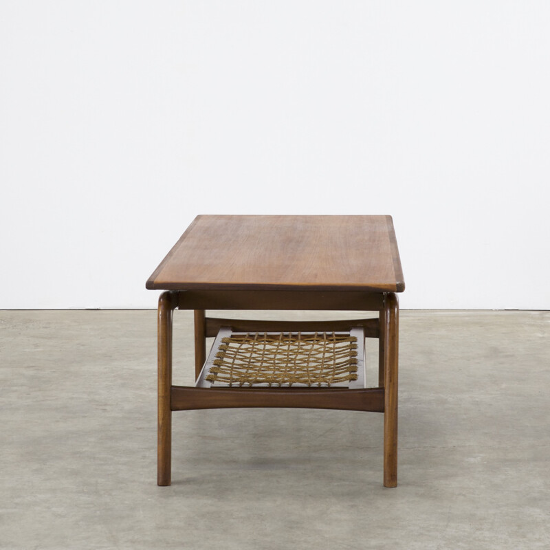 Teak coffee table with magazine rack in rope - 1950s