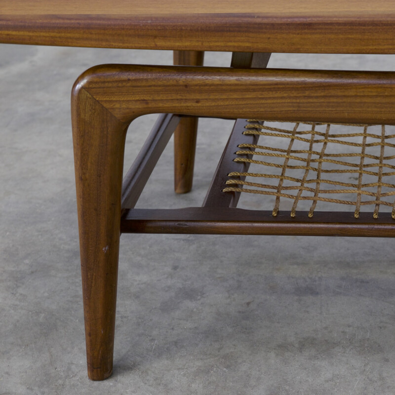 Teak coffee table with magazine rack in rope - 1950s