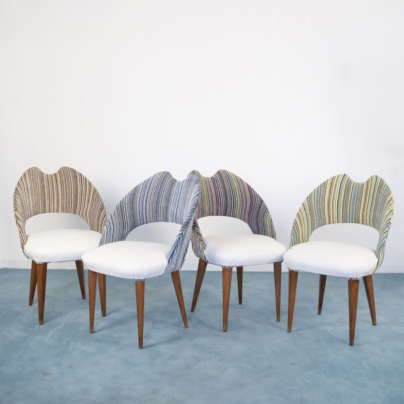 Set of 4 vintage Dacron velvet chairs in wooden structure, 1970s