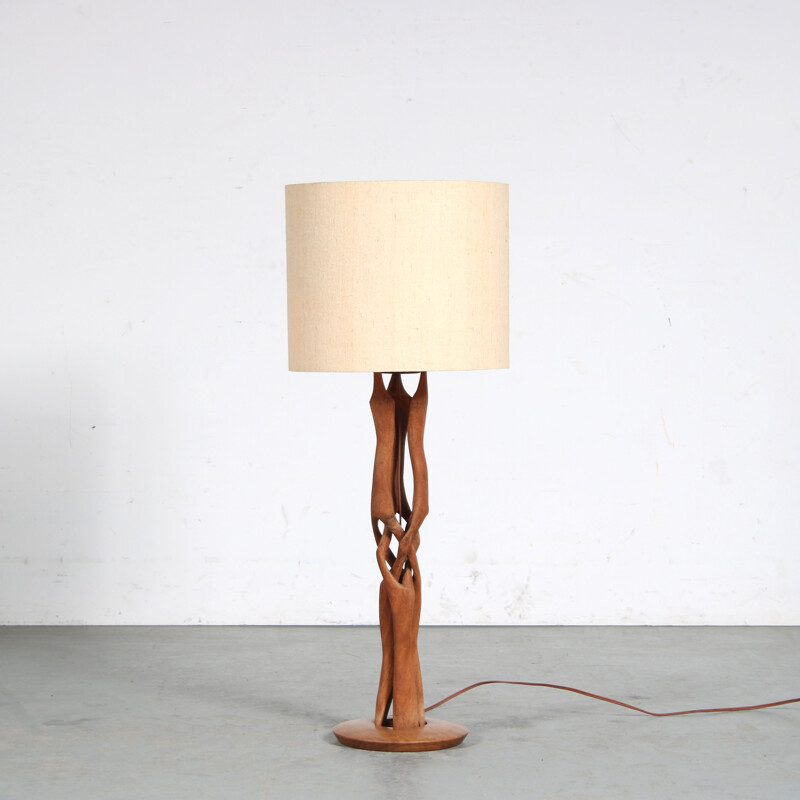 Vintage woven wooden table lamp, Netherlands 1950s 