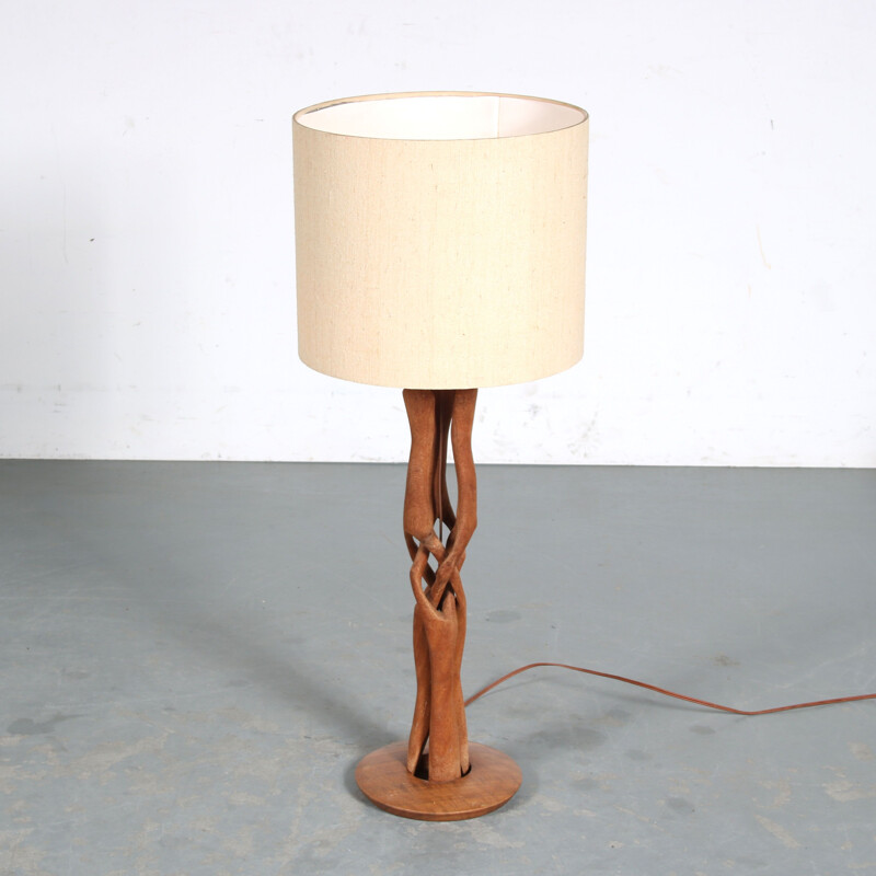 Vintage woven wooden table lamp, Netherlands 1950s 