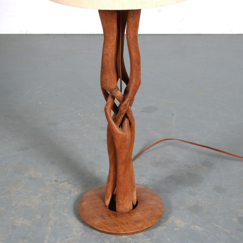 Vintage woven wooden table lamp, Netherlands 1950s 