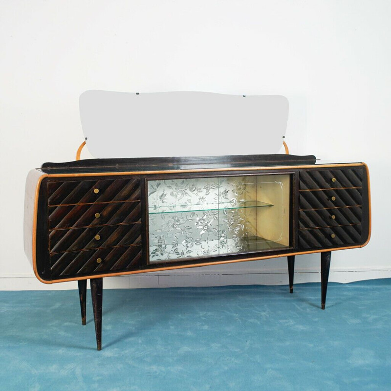 Vintage dark wood sideboard with mirror, 1950