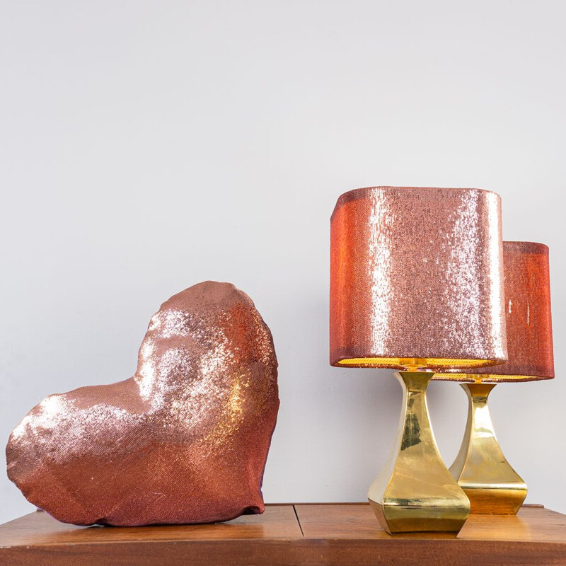 Par de candeeiros de metal dourado vintage com almofada da Montagna e Tonello, 1970