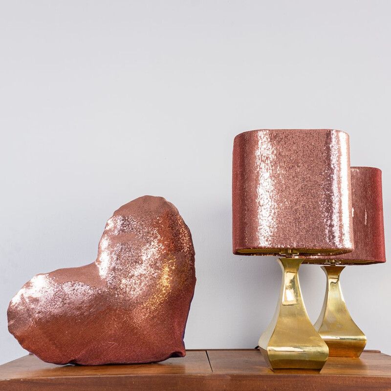 Pair of vintage gilt metal lamps with cushion by Montagna and Tonello, 1970