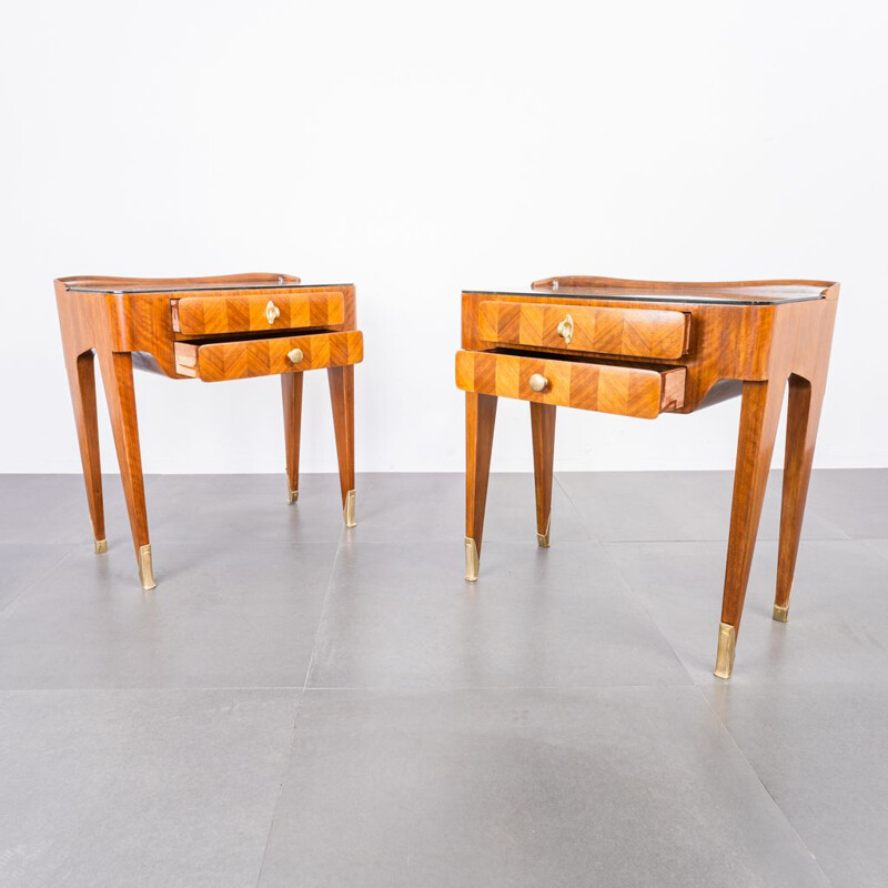 Pair of vintage wood and brass Art Deo night stands, 1950s