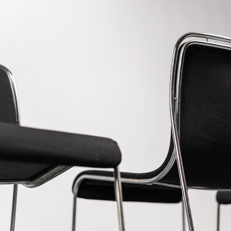 Ensemble de 4 chaises vintage en tissu noir et métal, 1970
