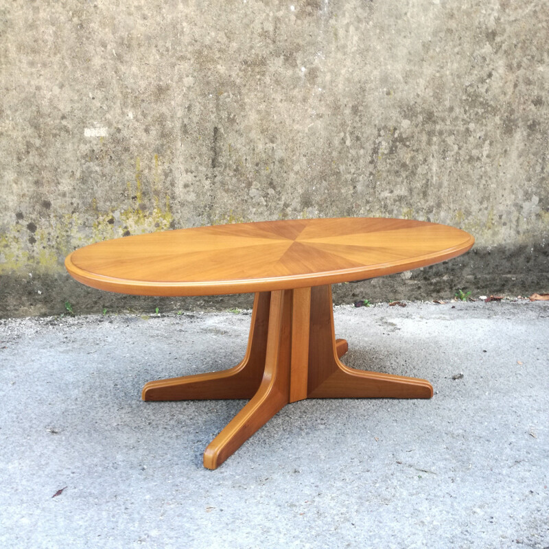 Vintage ovale walnoten salontafel met hoogteverstelling van 49 tot 69 cm