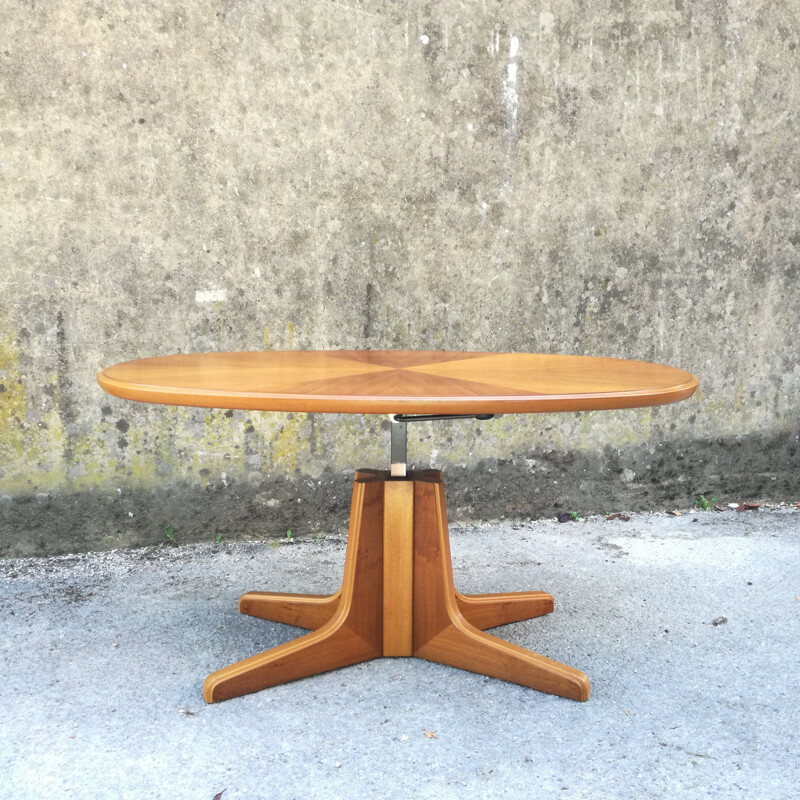 Vintage oval coffee table in walnut with height adjustment from 49 to 69 cm