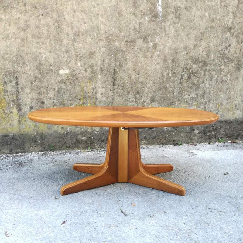 Vintage oval coffee table in walnut with height adjustment from 49 to 69 cm
