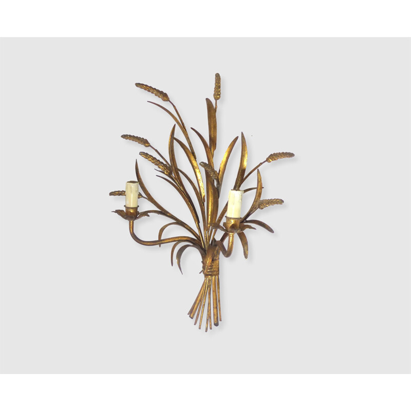 Pair of vintage gilded metal wall lamp with wheat sheaves, 1970