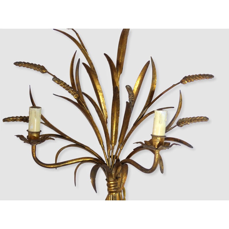 Pair of vintage gilded metal wall lamp with wheat sheaves, 1970