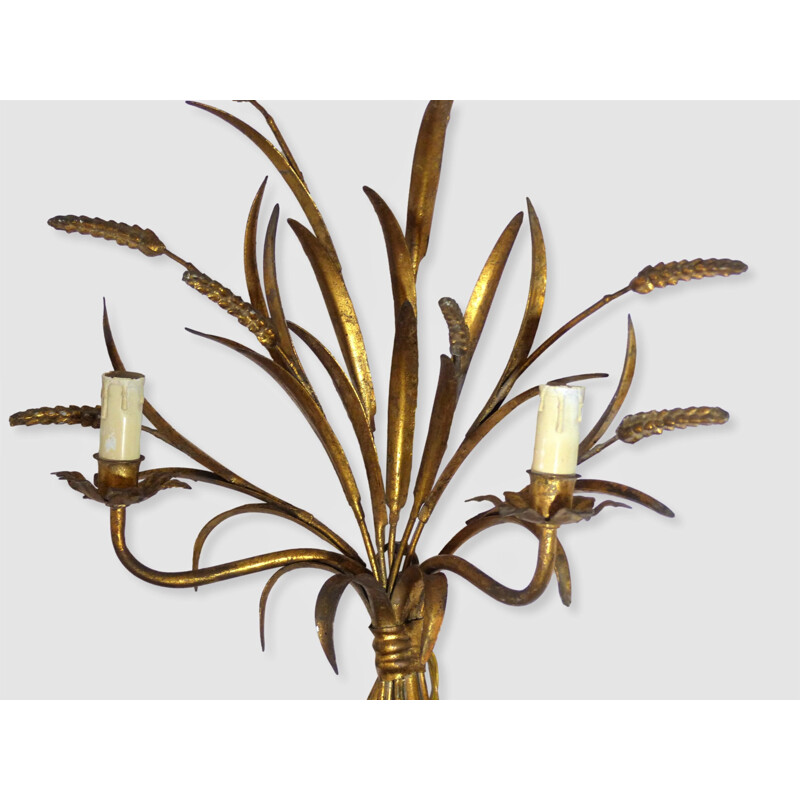 Pair of vintage gilded metal wall lamp with wheat sheaves, 1970