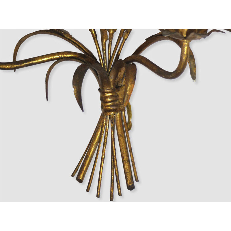 Pair of vintage gilded metal wall lamp with wheat sheaves, 1970