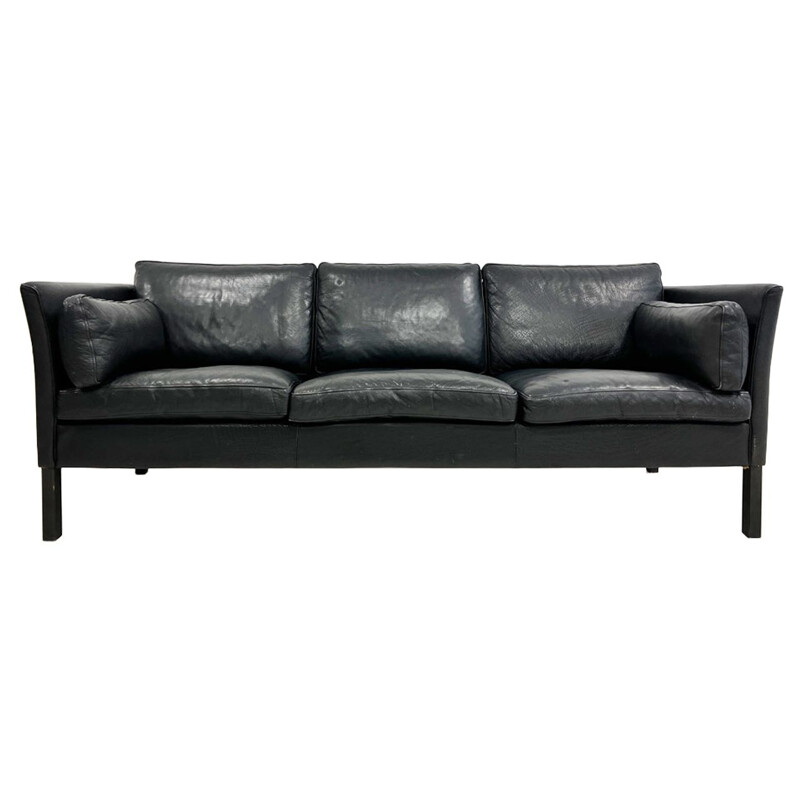 Dänisches 3-Sitzer-Sofa im Vintage-Stil, Federkern und schwarzes Leder, 1960