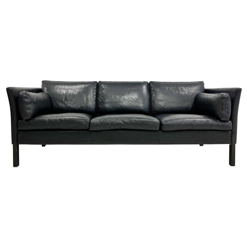 Vintage Danish 3-seater sofa in feather and black leather, 1960s