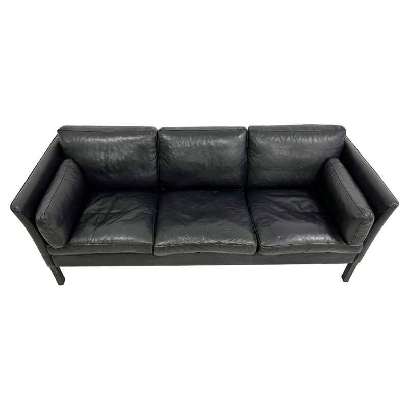 Vintage Danish 3-seater sofa in feather and black leather, 1960s