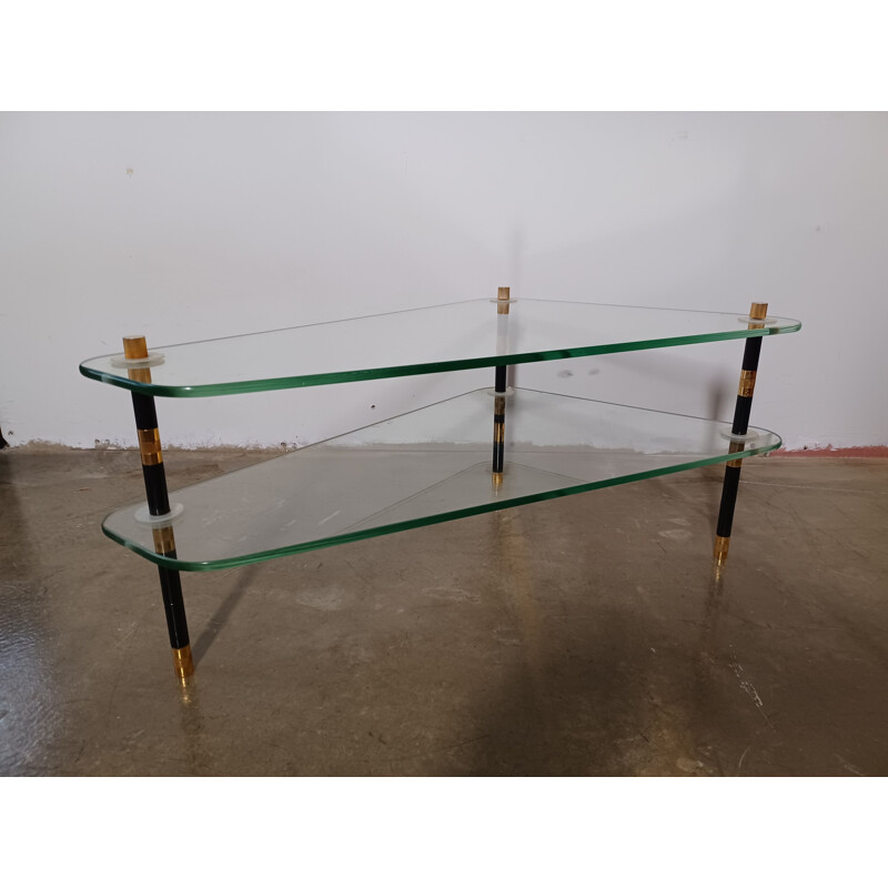 Vintage glass and metal tripod coffee table, 1950