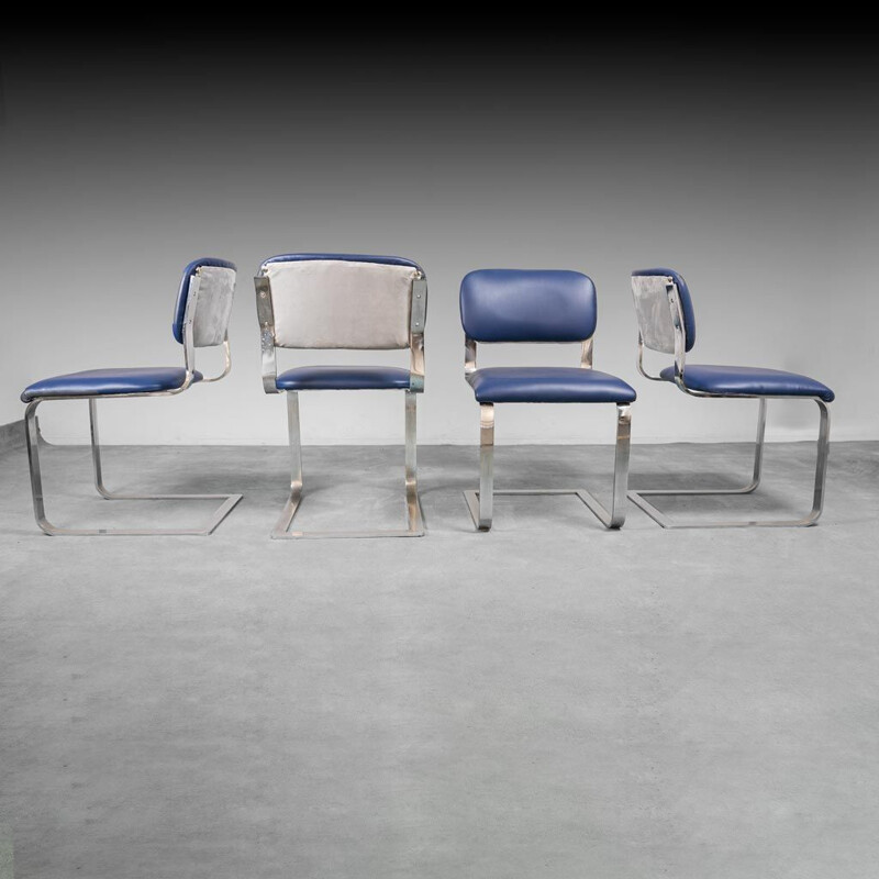 Set van 4 vintage stoelen in blauw eco-leder en verchroomd metaal, 1970