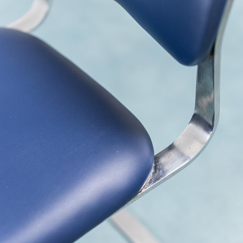 Set of 4 vintage blue eco-leather chairs in chromed metal, 1970s