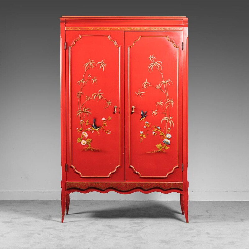 Vintage ethnic red wooden cabinet with oriental pattern, 1960s