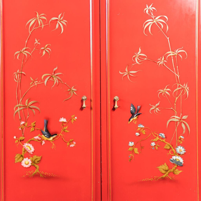 Vintage ethnic red wooden cabinet with oriental pattern, 1960s