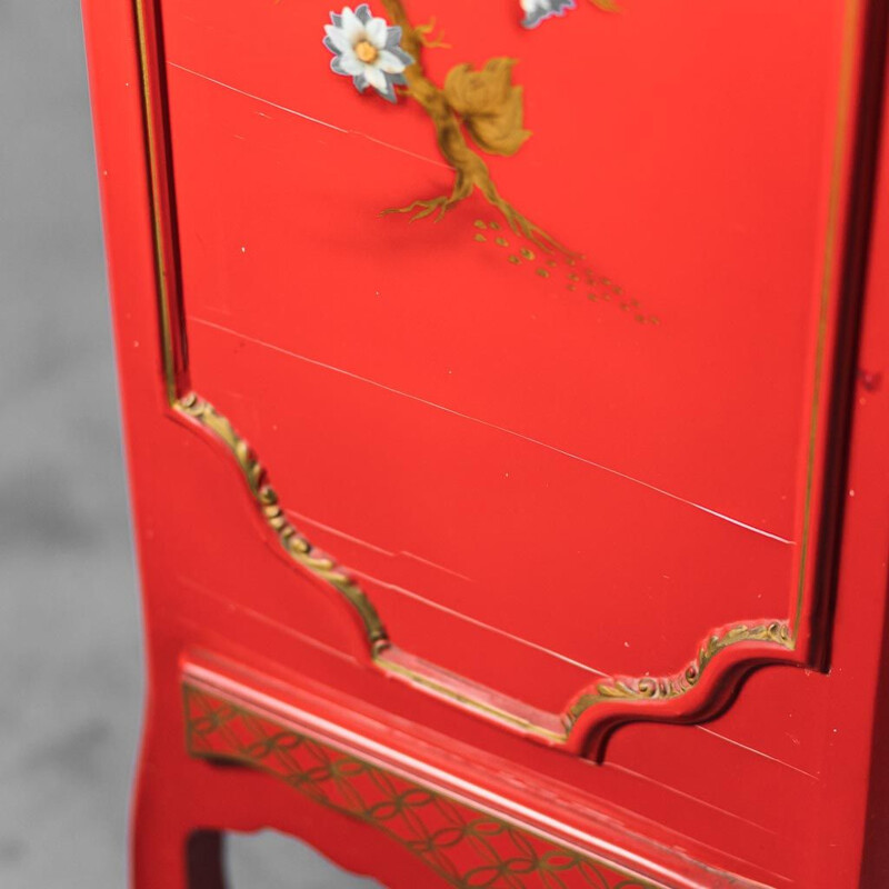 Vintage ethnic red wooden cabinet with oriental pattern, 1960s