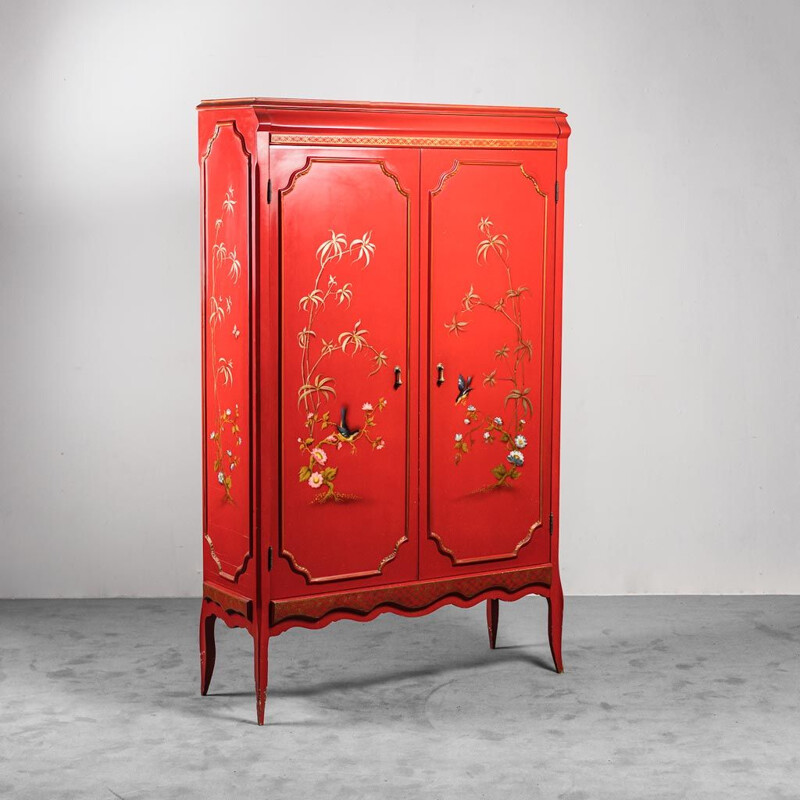 Vintage ethnic red wooden cabinet with oriental pattern, 1960s