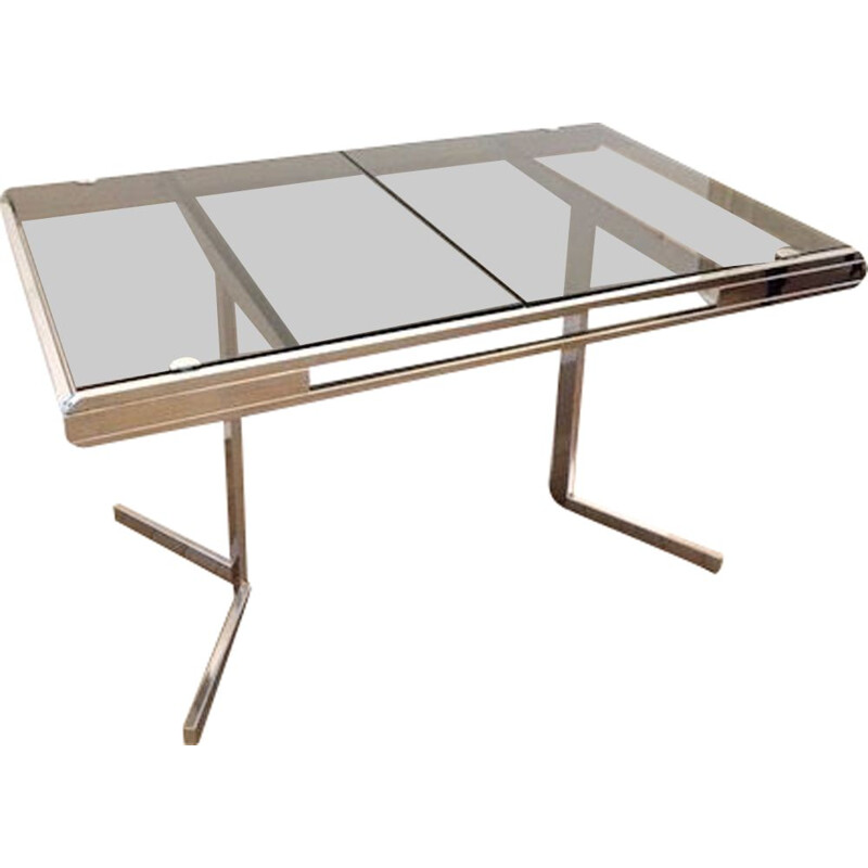 Vintage extendable table in smoked glass and chromed steel, 1970s