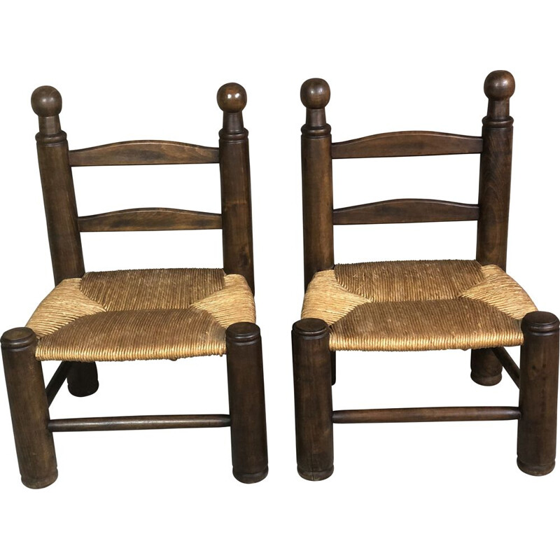 Pair of vintage oak straw chairs by Charles Dudouyt, 1930