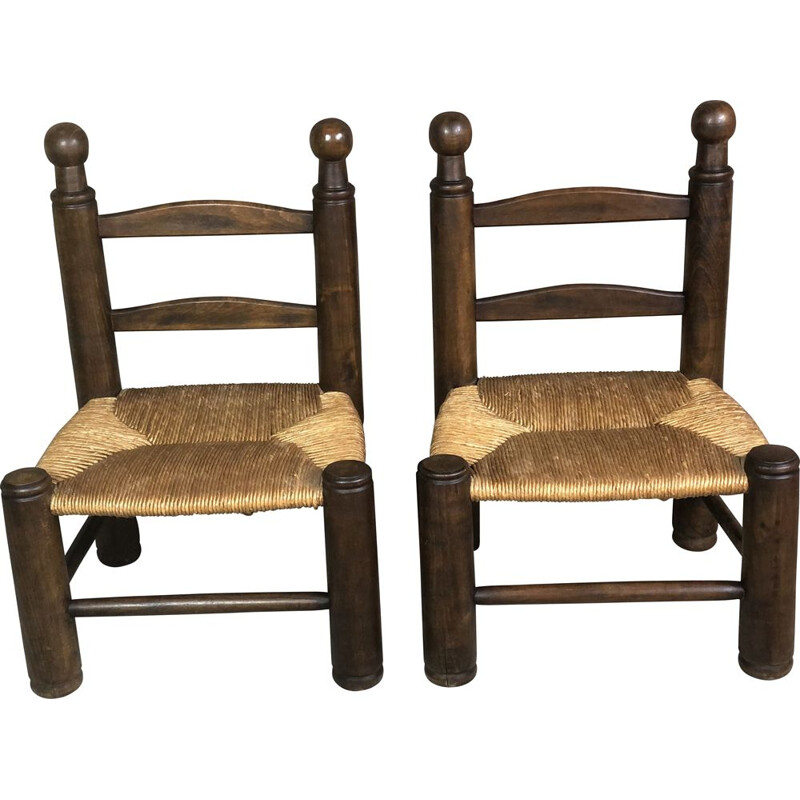 Paire de chaises vintage en chène paillées par Charles Dudouyt, 1930