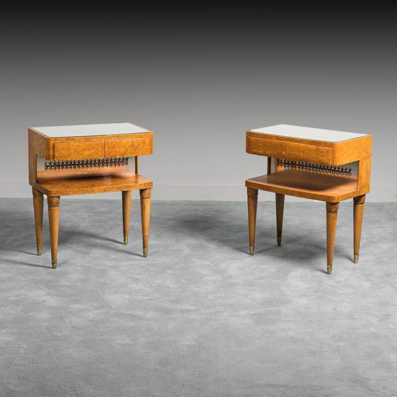 Pair of vintage wooden night stands with brass details, 1940s