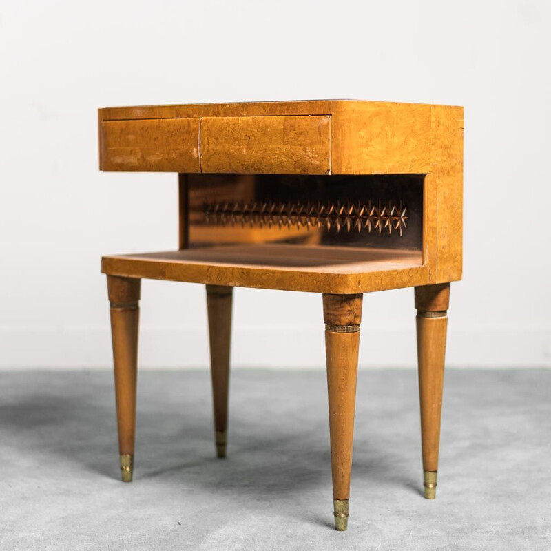 Pair of vintage wooden night stands with brass details, 1940s