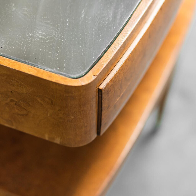 Pair of vintage wooden night stands with brass details, 1940s