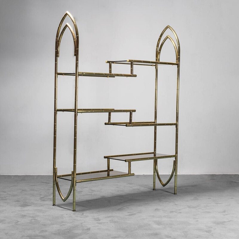 Vintage gilded metal bookcase with smoked glass, 1970