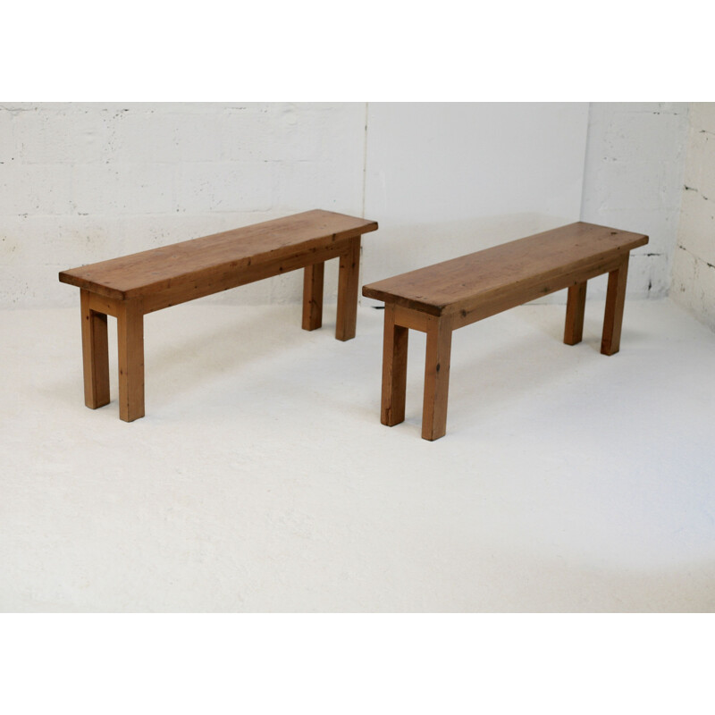 Paire de bancs brutalistes vintage en bois, France 1960