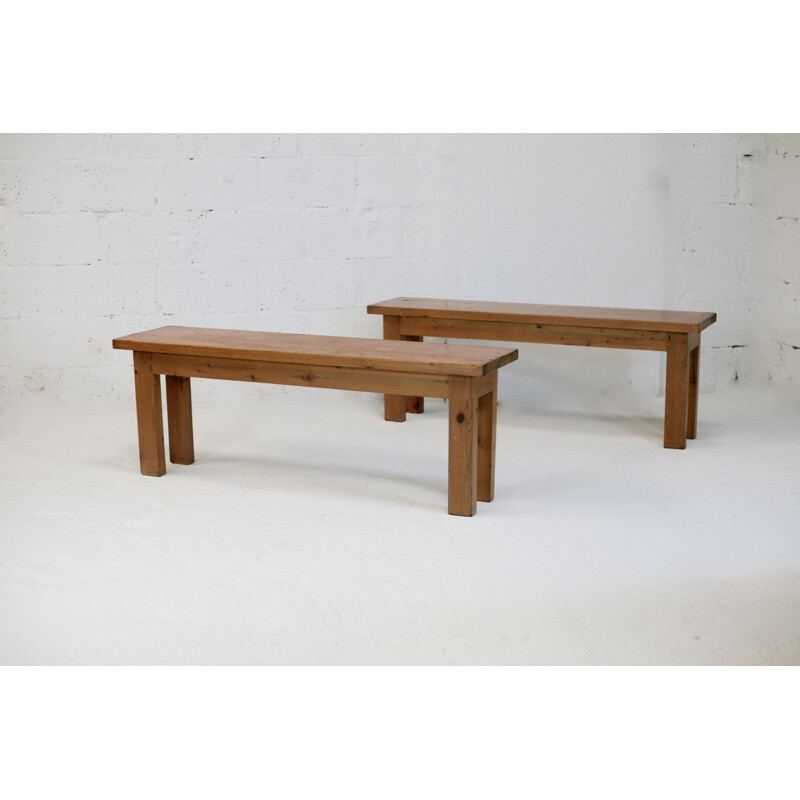 Pair of vintage brutalist wooden benchs, France 1960s