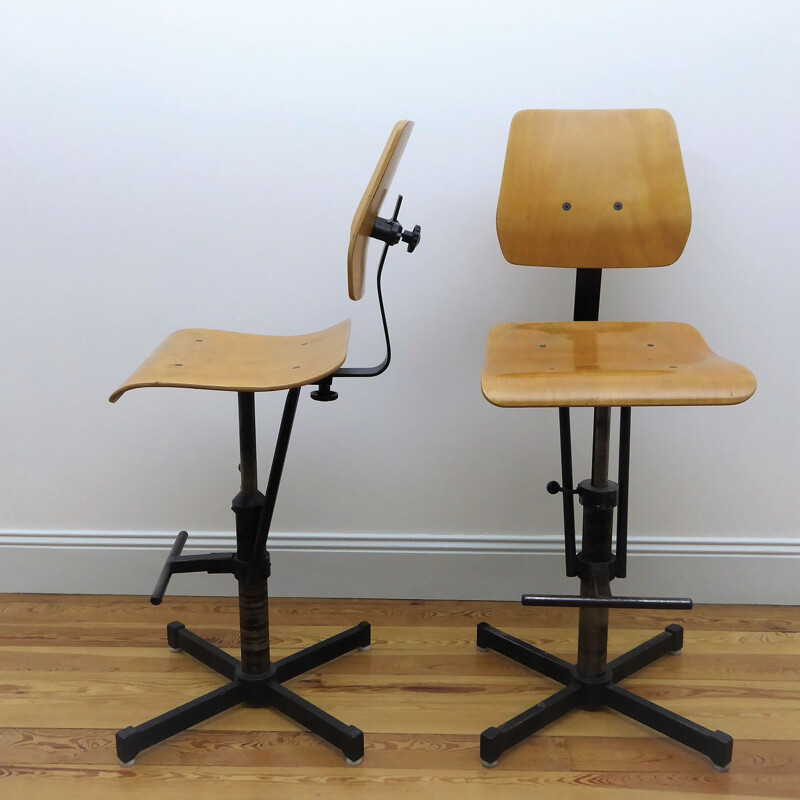 Pair of industrial high chairs in beech and metal - 1960s