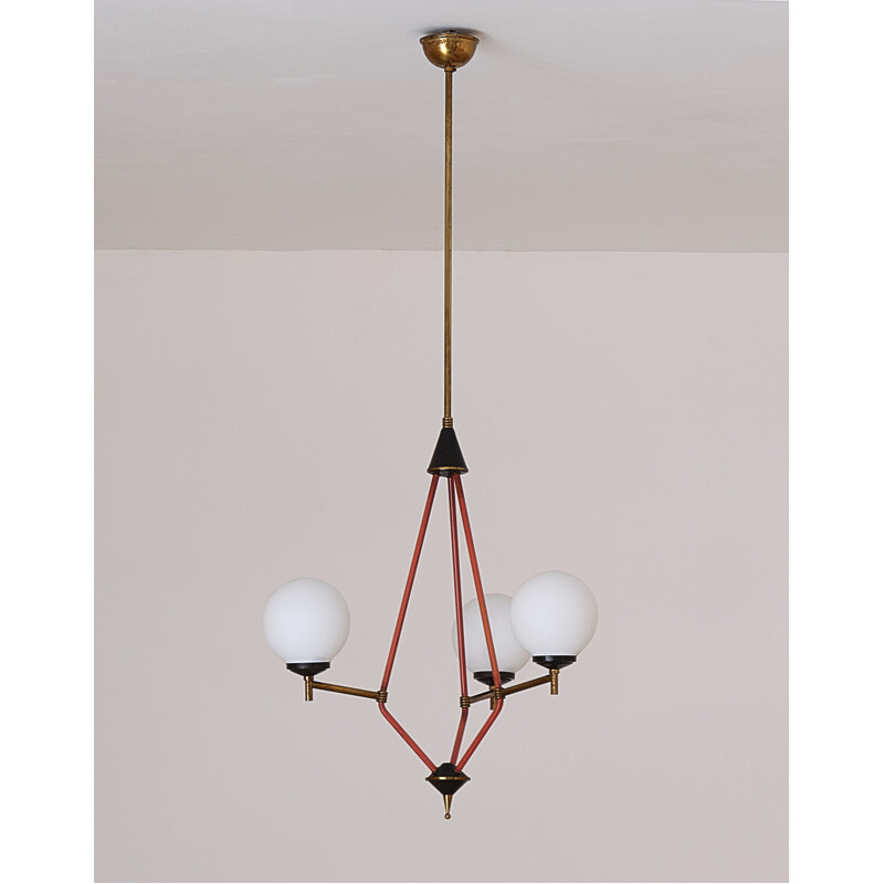 Vintage Italian chandelier in brass iron and opaline glass, 1950s