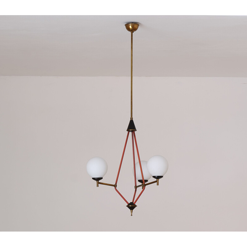 Vintage Italian chandelier in brass iron and opaline glass, 1950s