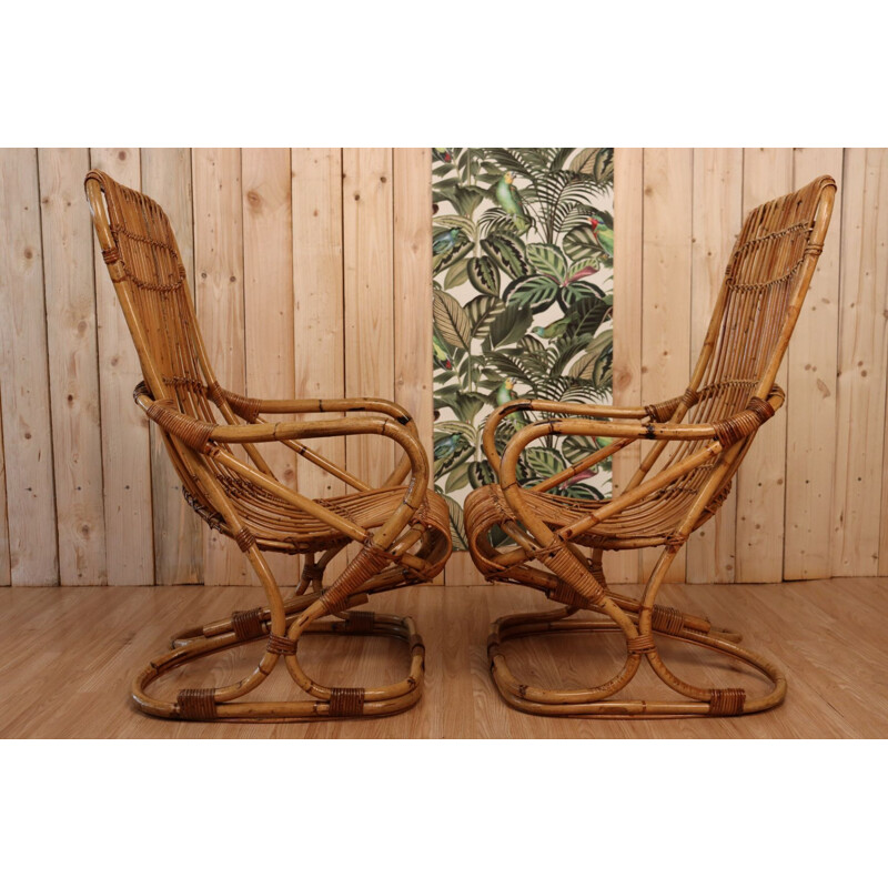 Pair of vintage rattan armchairs by Tito Agnoli, Italy 1950