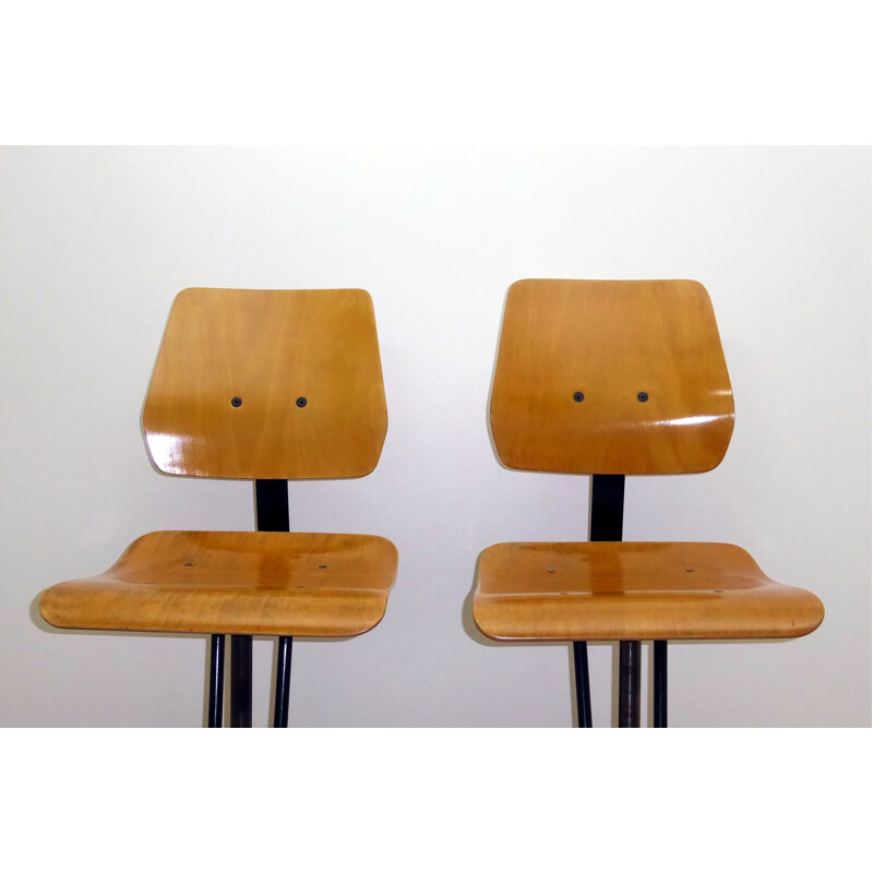 Pair of industrial high chairs in beech and metal - 1960s