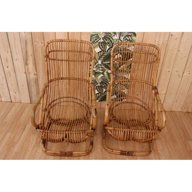 Pair of vintage rattan armchairs by Tito Agnoli, Italy 1950