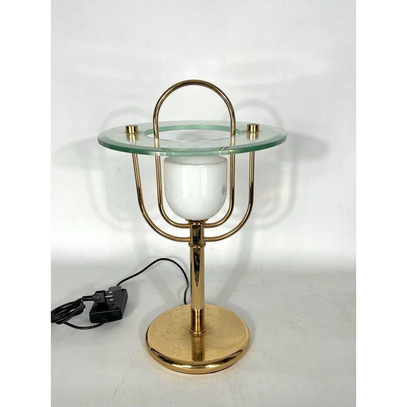 Lámpara de mesa vintage de latón y cristal, 1970