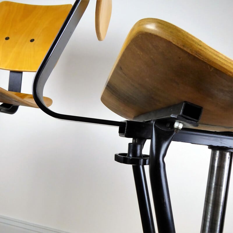 Pair of industrial high chairs in beech and metal - 1960s