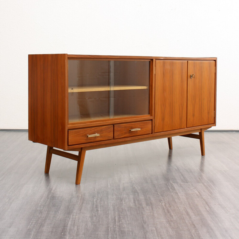 Mid-century sideboard in walnut with glass sliding doors - 1950s