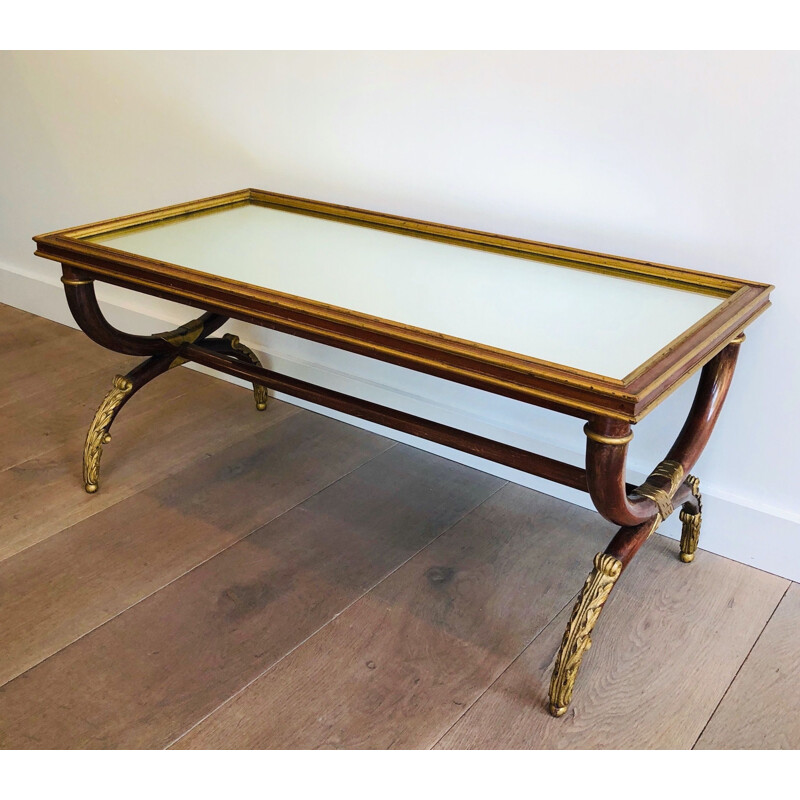 Vintage carved wood coffee table with patina and gilding by Maison Hirch, France 1940