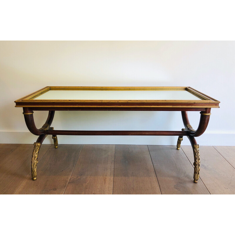 Vintage carved wood coffee table with patina and gilding by Maison Hirch, France 1940