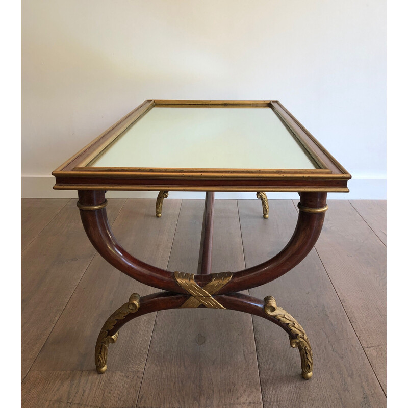 Vintage carved wood coffee table with patina and gilding by Maison Hirch, France 1940